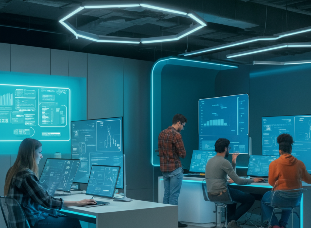 Diverse students collaborating in a modern tech learning environment with coding and data analytics visuals.