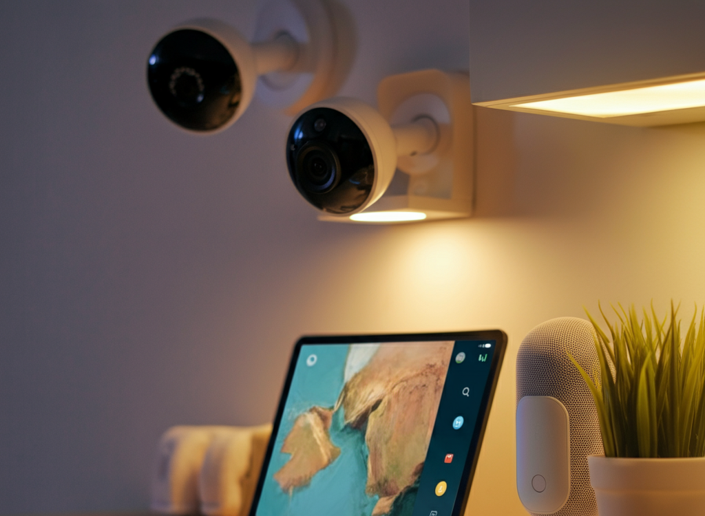 Modern Indian home with AI-powered devices like smart lights and security cameras.