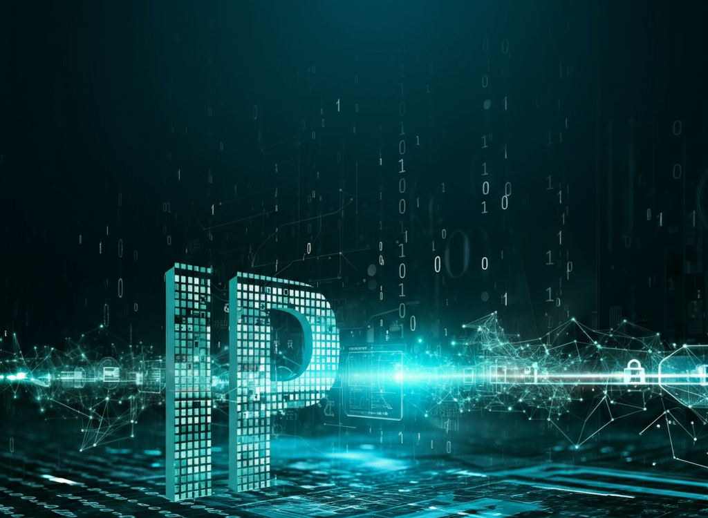 Futuristic digital network with IP address elements, symbolizing technology and cybersecurity.