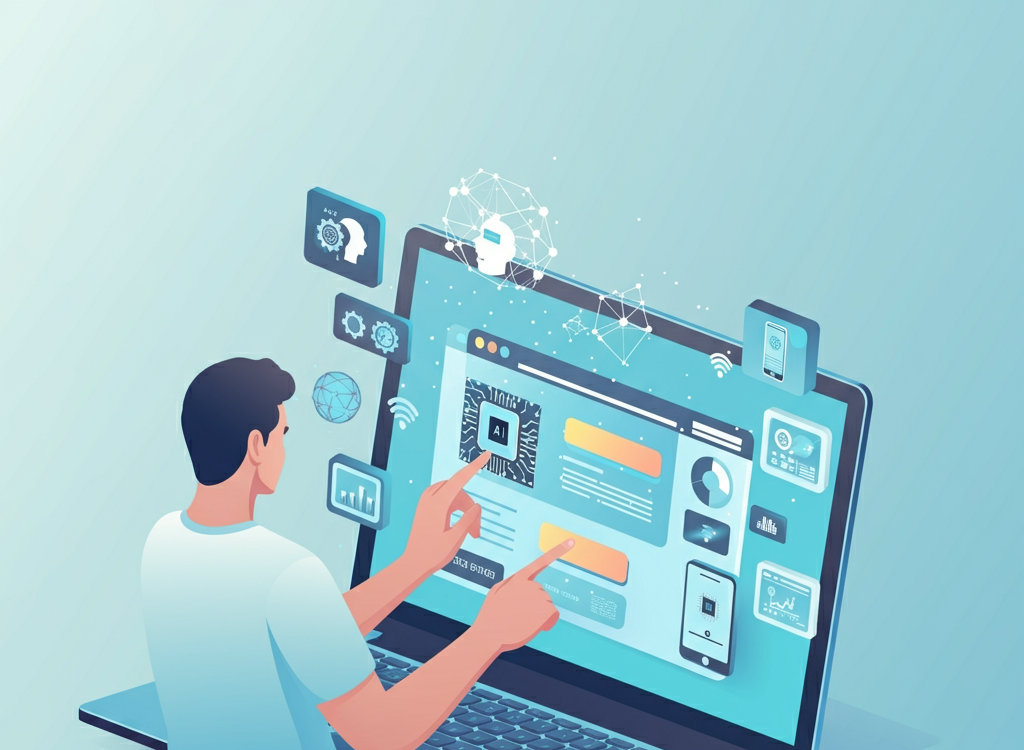 Illustration of a person browsing a tech website with AI and gadget icons.