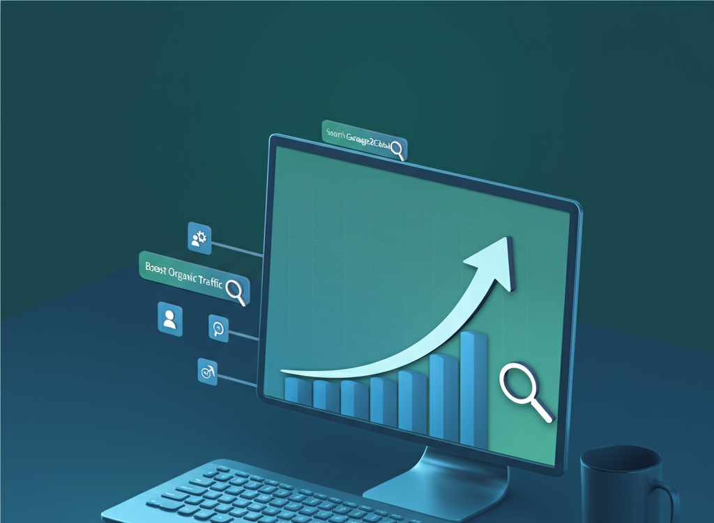 Digital marketing concept with rising graph and search engine icons.