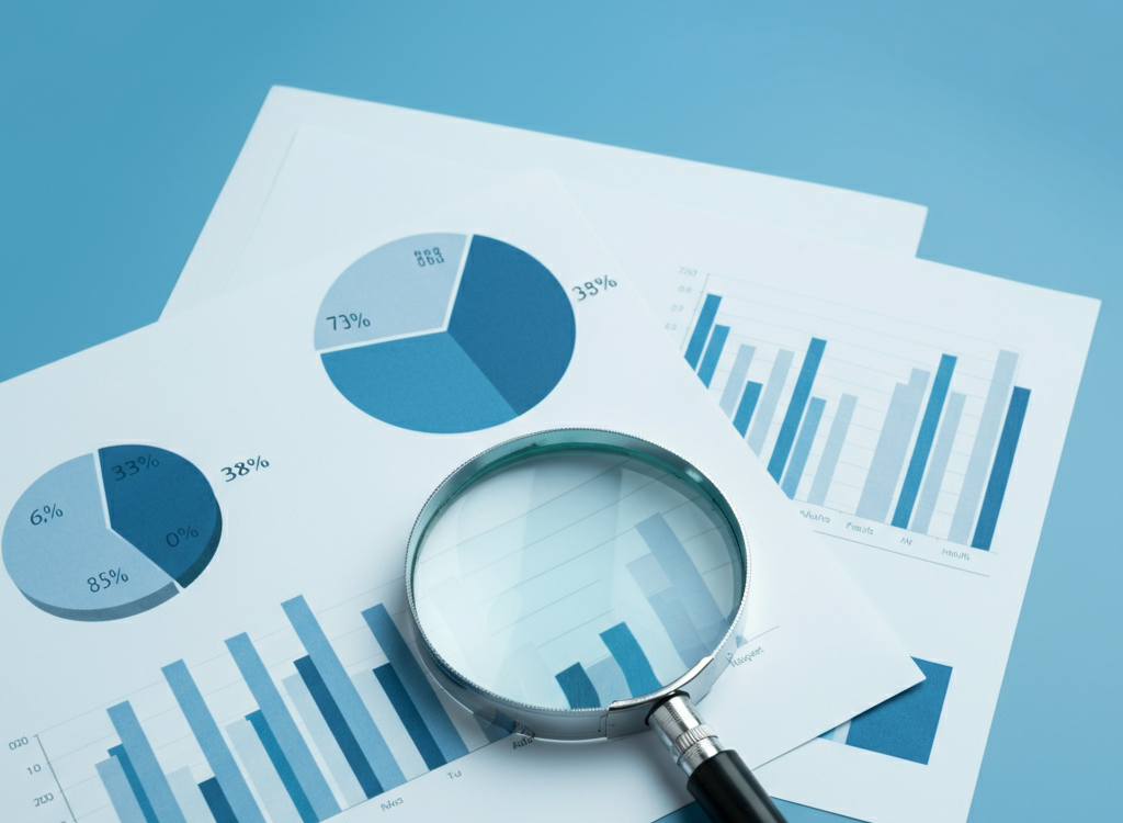 Magnifying glass over charts symbolizing market insights.