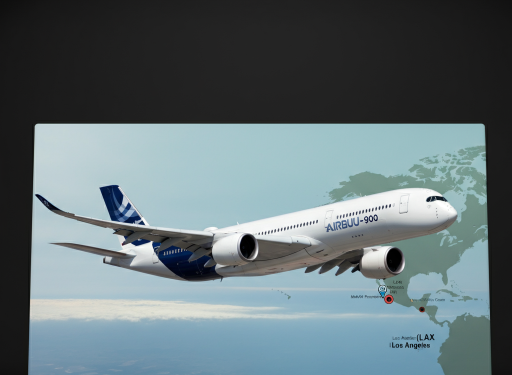 Airbus A350-900 in flight with LAX destination marked on a map.
