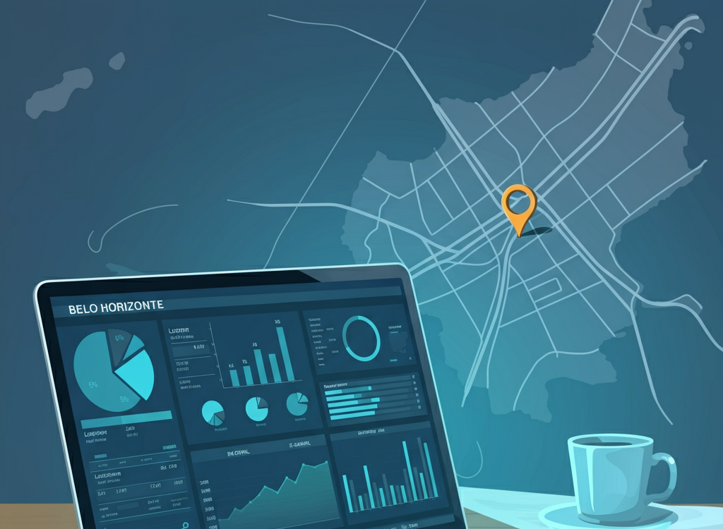 Illustration of digital accounting with a laptop and Belo Horizonte map.