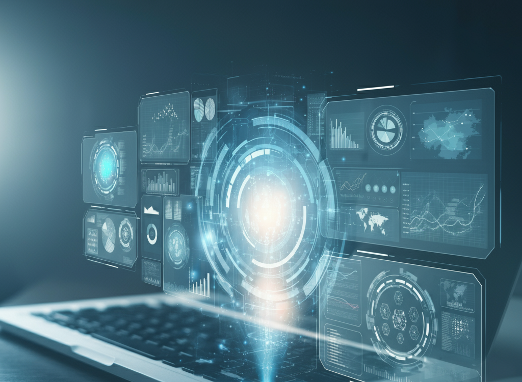 Abstract digital transformation concept with glowing data streams and futuristic interface designs.