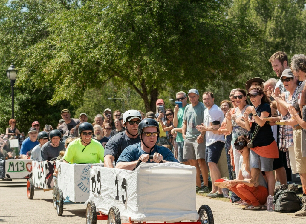 Community enjoying a drop cloth derby race outdoors.