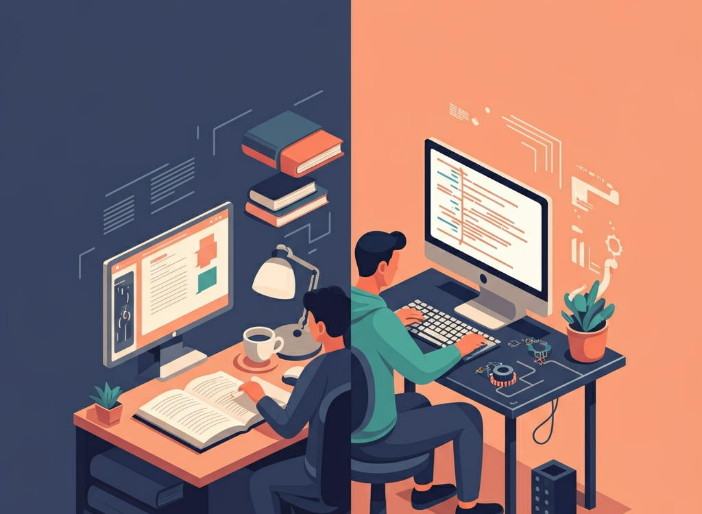 Illustration of duaction concept showing learning and doing in action.
