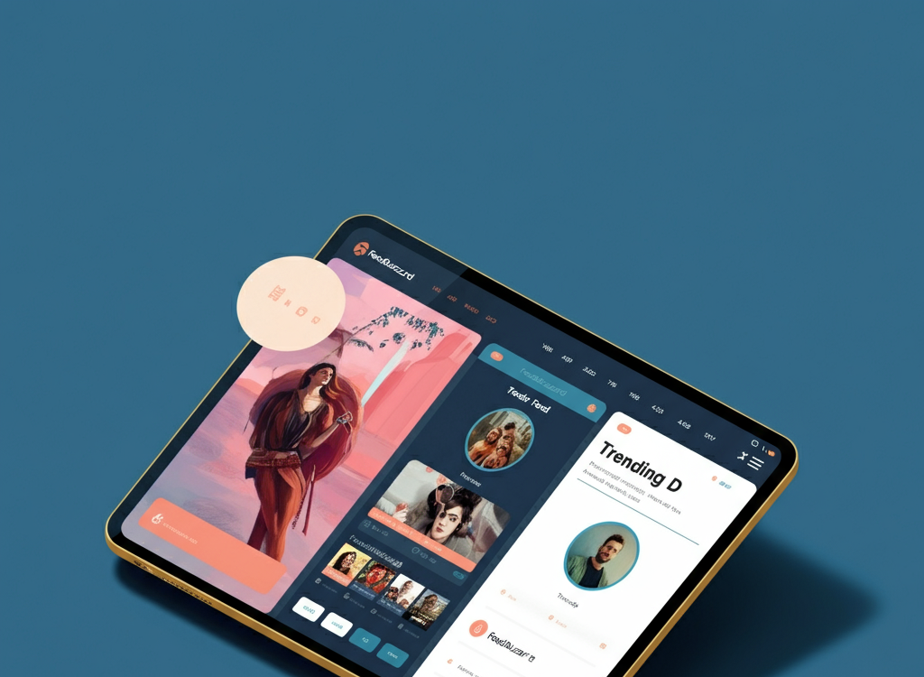 sleek digital interface showcasing a personalized news feed with AI elements and trending topics.