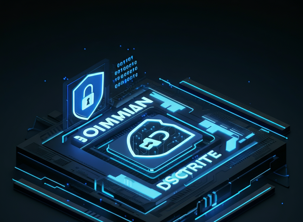Futuristic digital domain with network grid and padlock symbol.