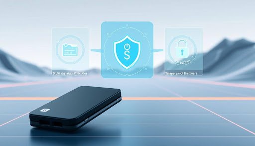 Ledger Live security features illustrated with a hardware wallet and mobile app