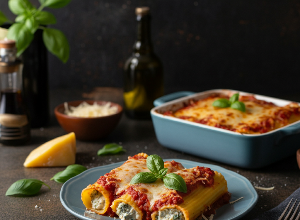 Plate of mannacote garnished with basil and cheese on a rustic table.