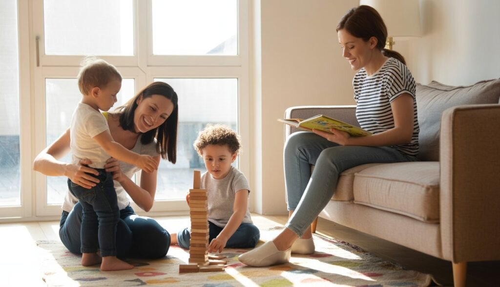 A group of mothers with their children sharing joyful moments in a warm, modern home setting, symbolizing modern motherhood and parenting.