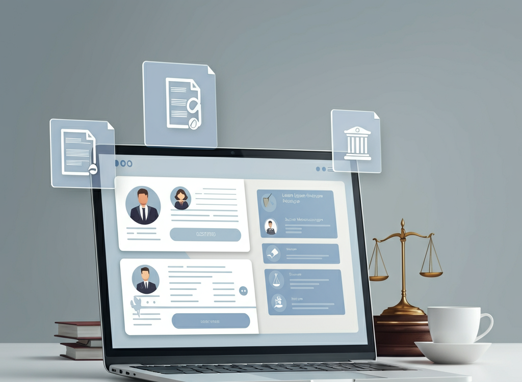 Illustration of MyLawyer360 platform interface with lawyer profiles and secure messaging.