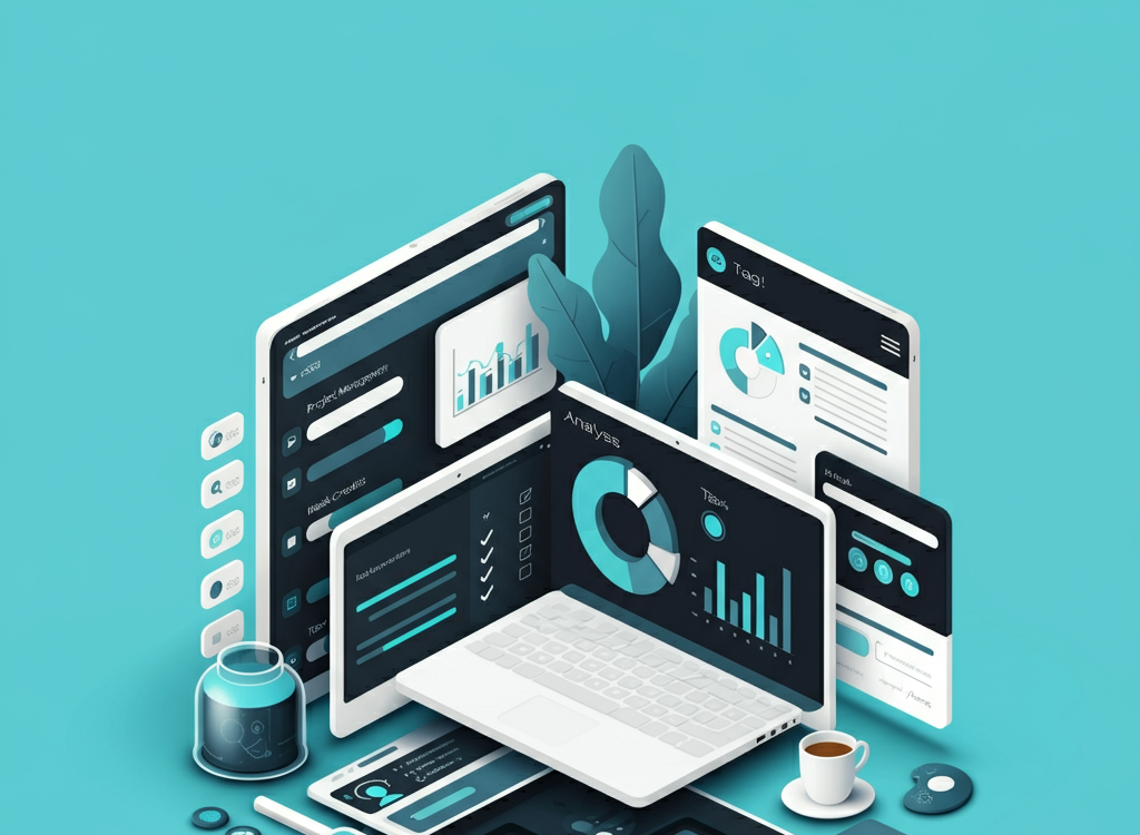 Illustration of a digital productivity platform interface with tools for project management, data analysis, and content creation.
