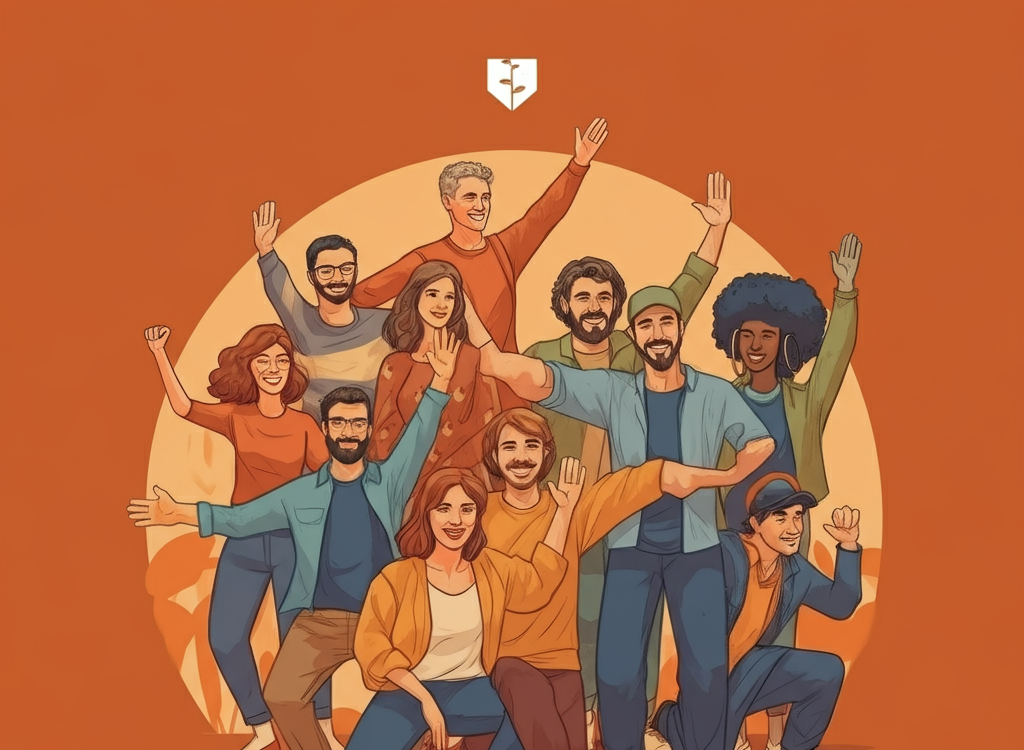 A group of diverse people sharing a moment of connection through synchronized gestures, symbolizing simbramento.
