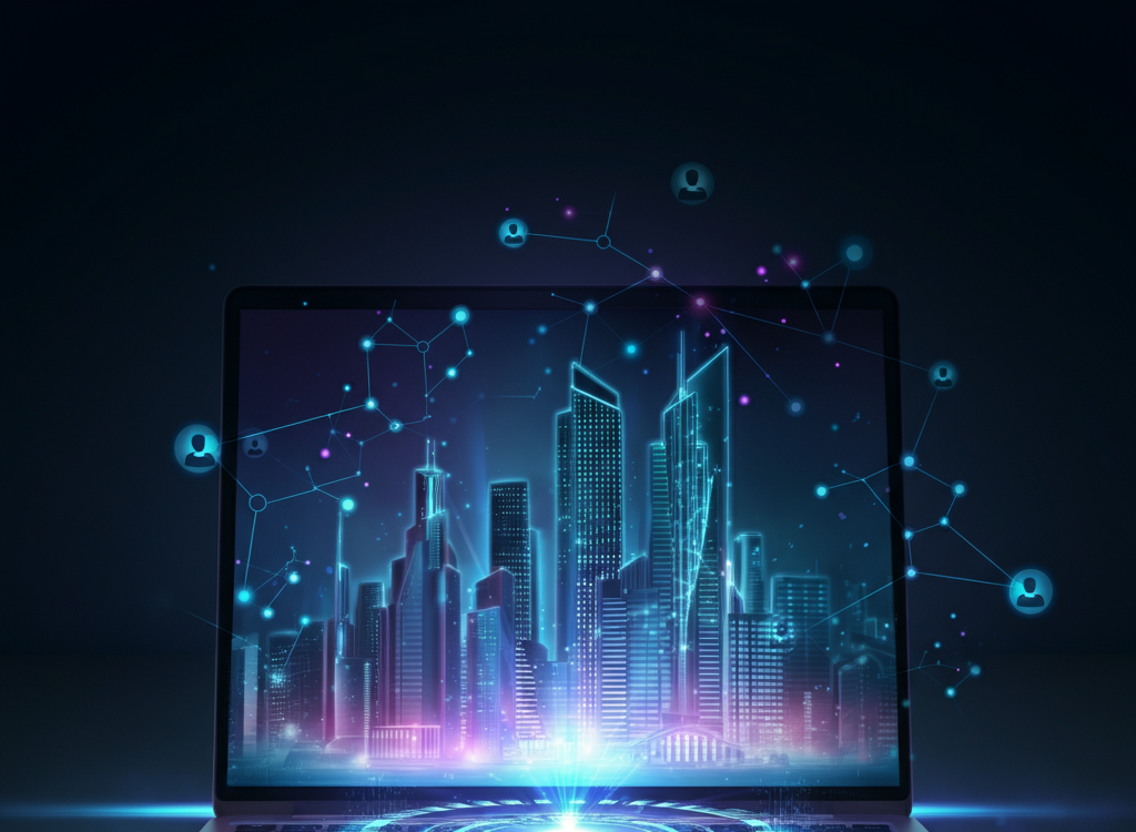 Vibrant online community concept with a glowing cityscape and interconnected nodes.