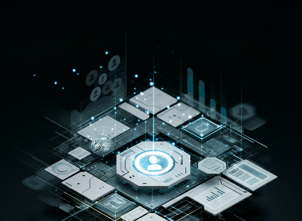 Futuristic digital interface representing Sinkom technology with interconnected systems.