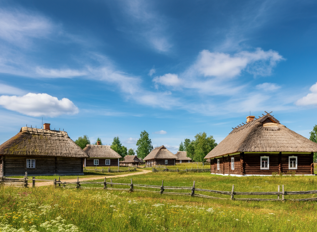 Traditional Lithuanian countryside village with wooden houses and green fields.