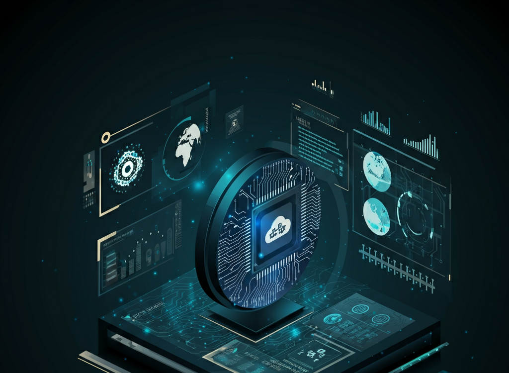 Futuristic digital ecosystem with AI, blockchain, and cloud computing.