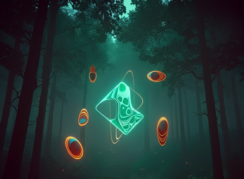 Mysterious forest with glowing shapes symbolizing Zupfadtazak's intrigue.