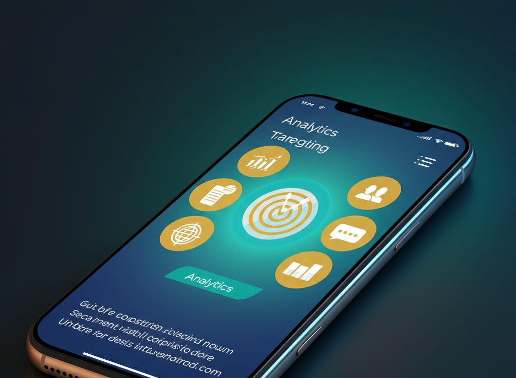 Digital marketing dashboard on a smartphone with vibrant icons.